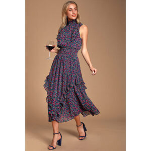 Lulus Evalina Navy Blue Floral Print Mock Neck Midi Dress - Size S